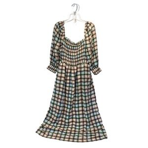 Anthropologie Maeve Pink & Green Smocked Plaid Maxi 3/4 Sleeves & Pockets Small